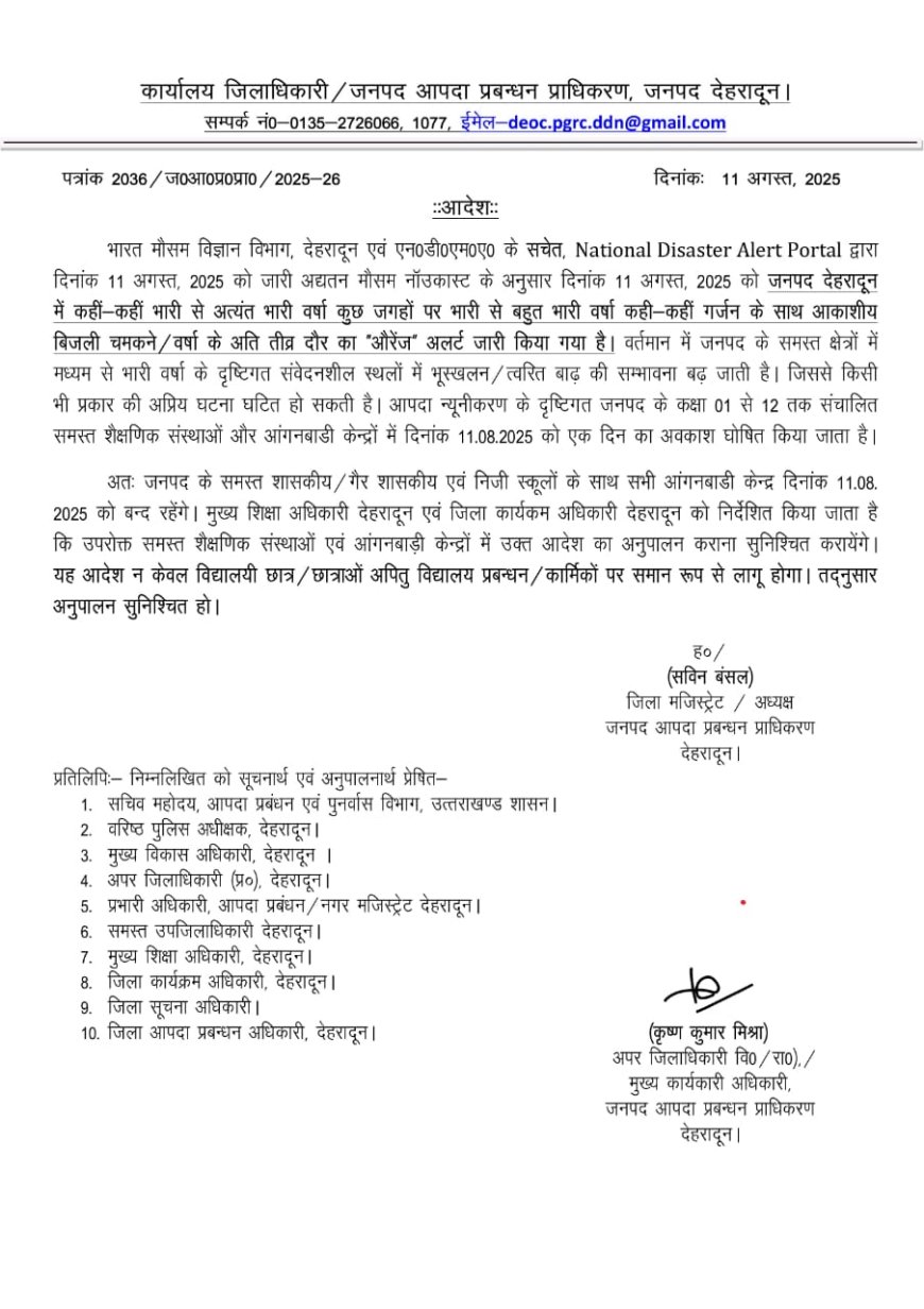 मौसम का ऑरेंज अलर्ट आज देहरादून ज़िले के विद्यालयों में अवकाश की घोषणा