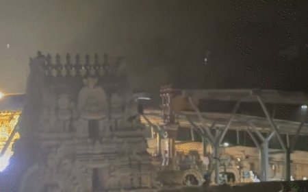 तिरुपति में मंदिर के ऊपर पर चढ़ा व्यक्ति, शराब मांगी:पुलिस ने मांग मानने के बाद नीचे उतारा; गार्ड्स को चकमा देकर मंदिर में घुसा