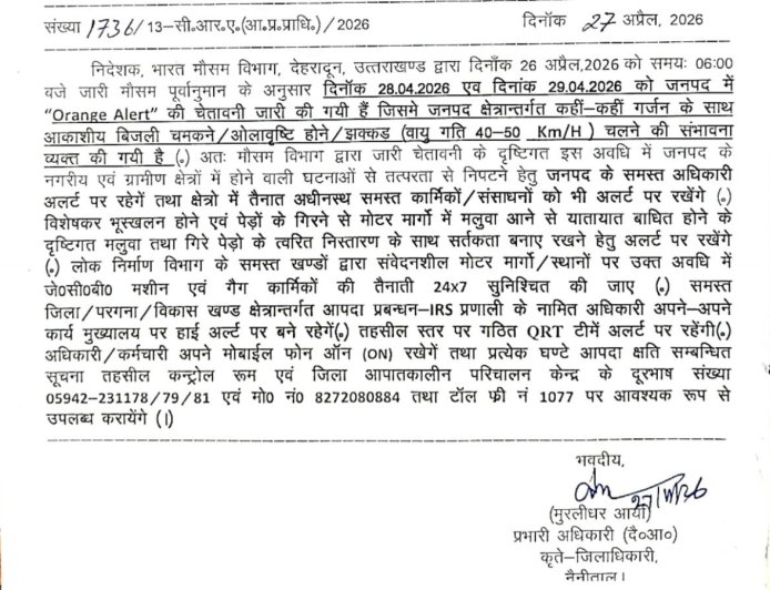 नैनीताल :(बड़ी खबर) तूफान, ओलावृष्टि के अलर्ट जारी