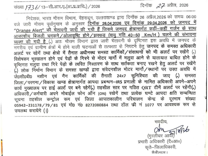 नैनीताल :(बड़ी खबर) तूफान, ओलावृष्टि के अलर्ट जारी