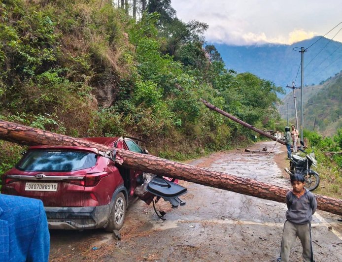 उत्तराखंड : भारी तूफान से गाड़ी के ऊपर गिरा विशालकाय पेड़